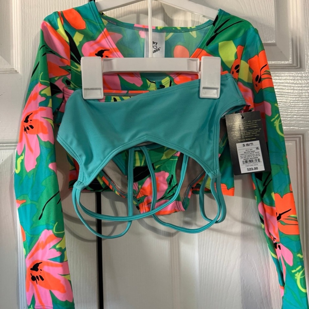 Colorful Floral Long Sleeve Top and Teal Bikini Set